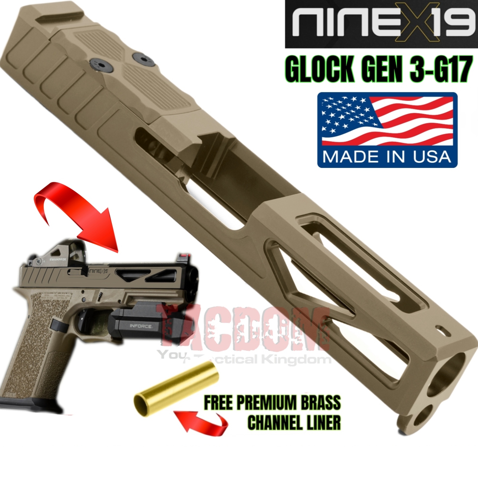 NINEx19 X1 Precision lightweight Slide for Glock 17 GEN 3 – Polymer 80  PF940V2- 17-4 BILLET Stainless – Cerakote FDE – TACDOM