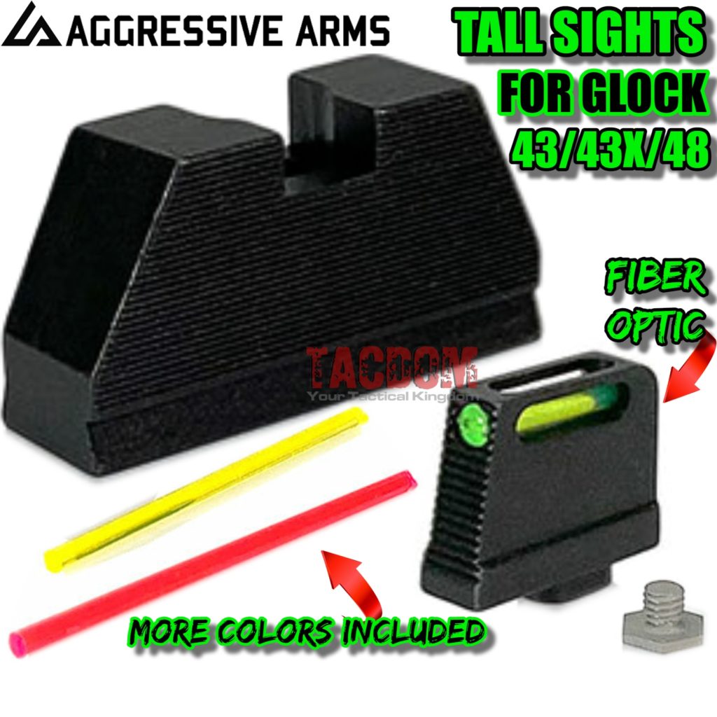 Aggressive Arms “steel” Suppressor Tall Height Fiber Optic Sights For Glock 43 43x 48 Usa Made