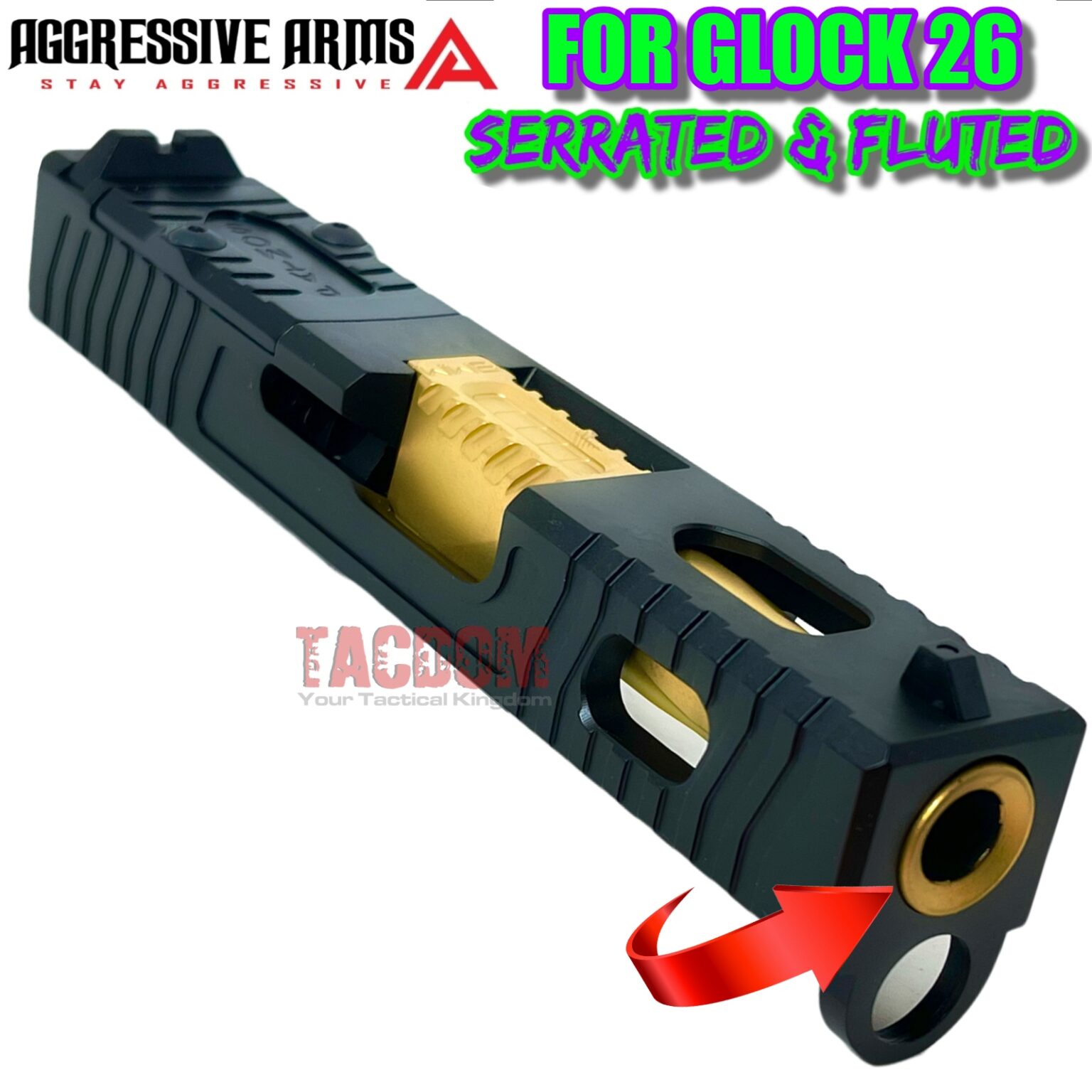 Aggressive Arms Serrated And Fluted Barrel For Glock 26 Gen 1 4 Gold Titanium Pvd 9mm 416r 3788